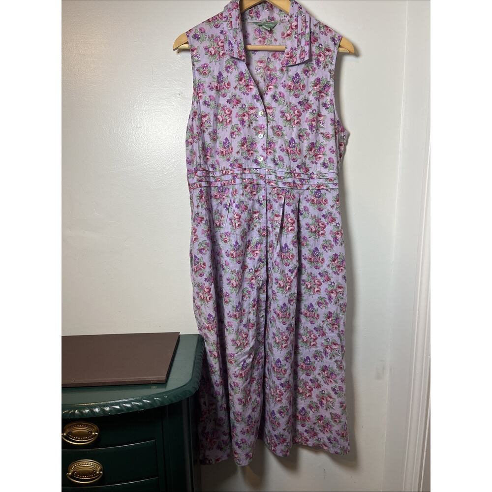 April Cornell Purple Pink Floral 100% Cotton Button Up Midi Dress Sz L Pockets